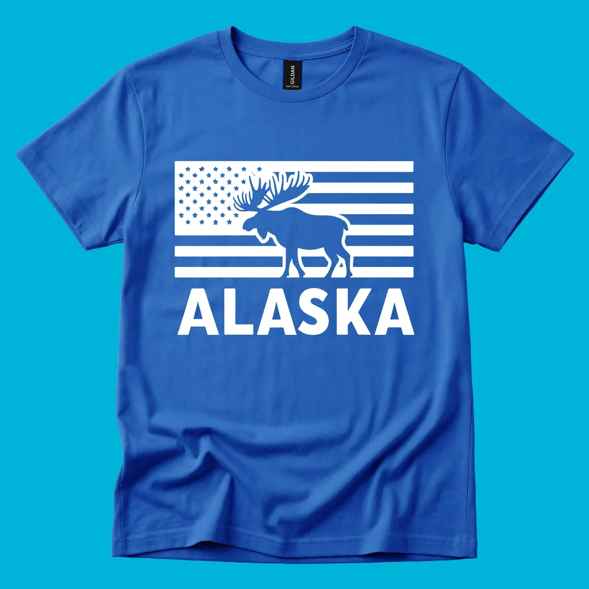 An American flag with a moose silhouette and 'ALASKA' text, featuring the alaska-moose-american-flag design.