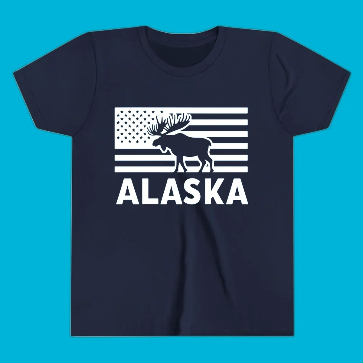 An American flag with a moose silhouette and 'ALASKA' text, featuring the alaska-moose-american-flag design.