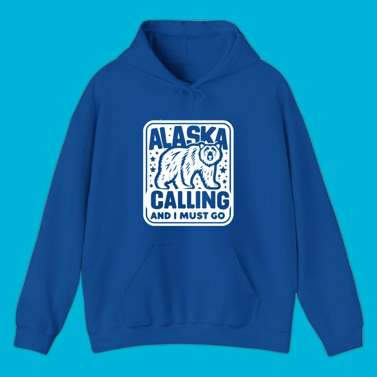 A vintage-style illustration of a bear with stars and the text 'ALASKA CALLING AND I MUST GO'.