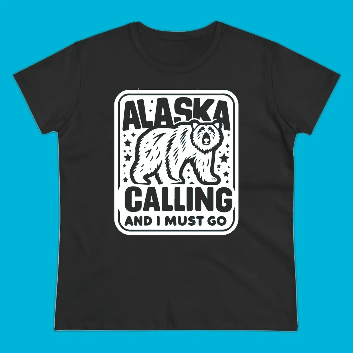 A vintage-style illustration of a bear with stars and the text 'ALASKA CALLING AND I MUST GO'.