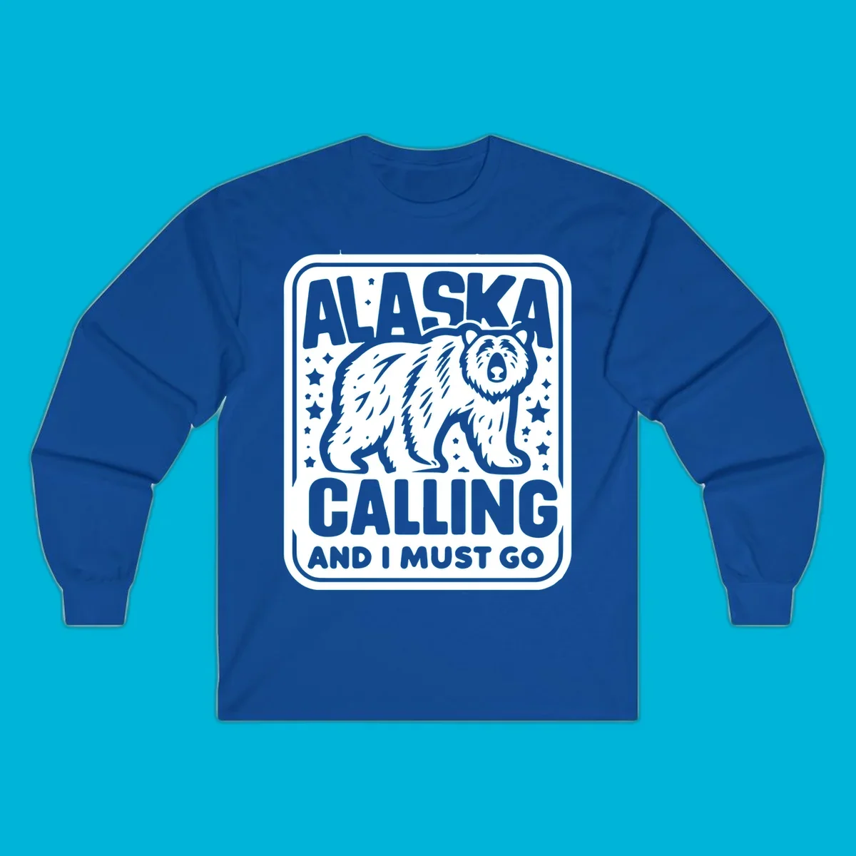 A vintage-style illustration of a bear with stars and the text 'ALASKA CALLING AND I MUST GO'.