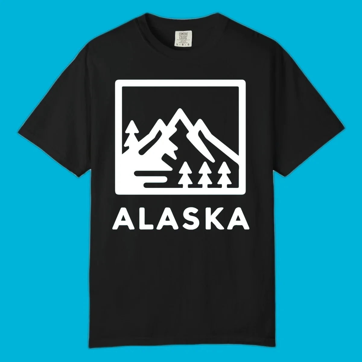 Vintage-style alaska-mountain-forest-scene with three peaks, pine trees, and the word ALASKA within a rectangular frame.