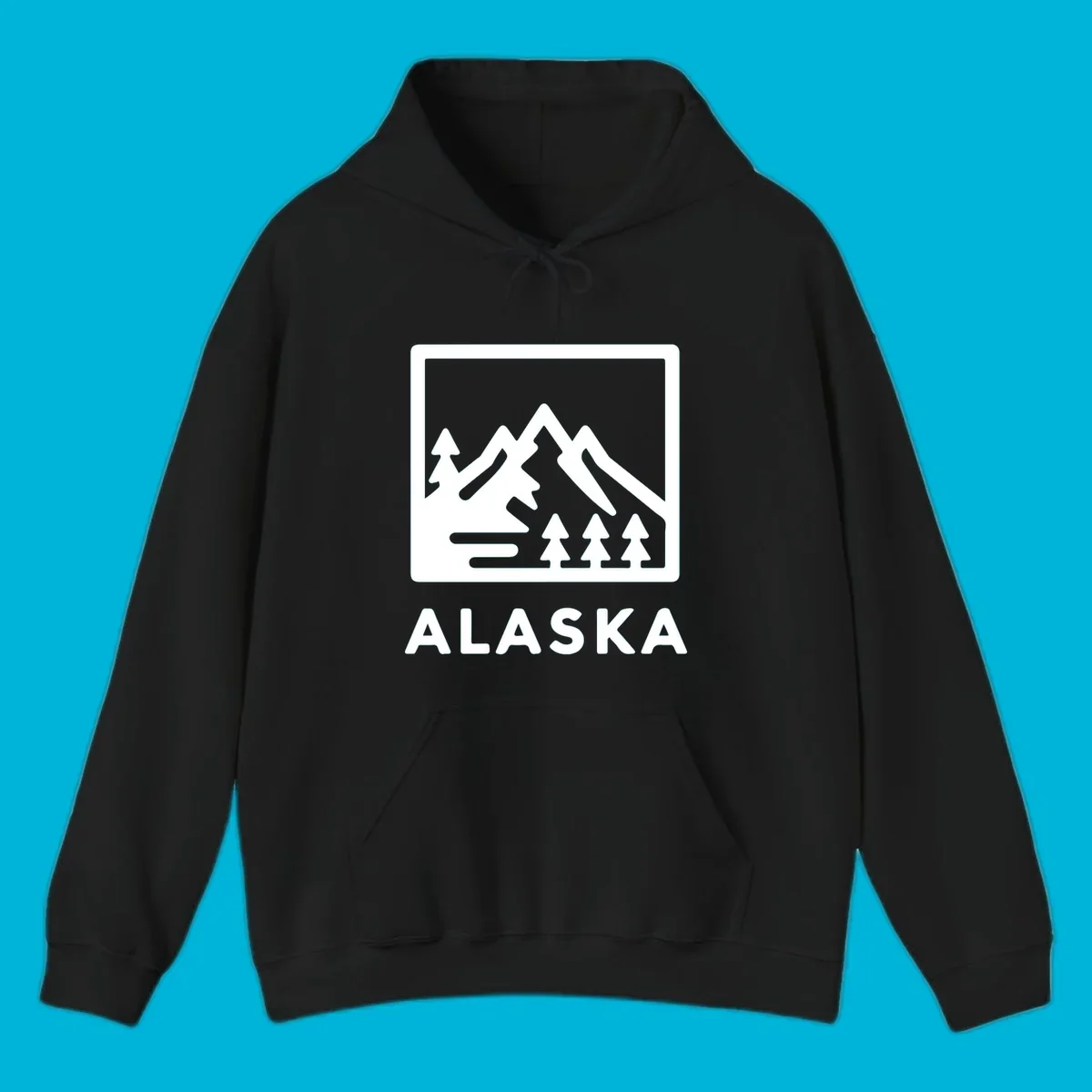Vintage-style alaska-mountain-forest-scene with three peaks, pine trees, and the word ALASKA within a rectangular frame.