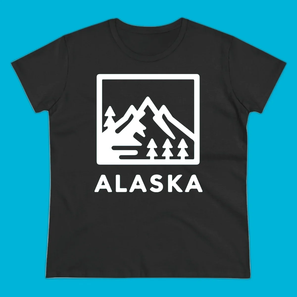 Vintage-style alaska-mountain-forest-scene with three peaks, pine trees, and the word ALASKA within a rectangular frame.