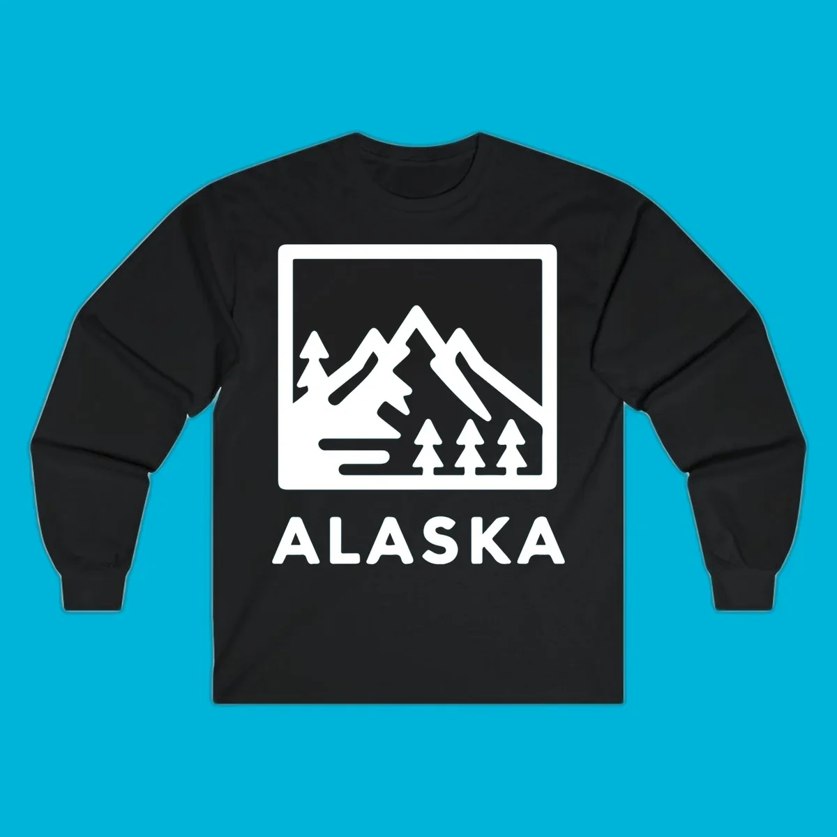 Vintage-style alaska-mountain-forest-scene with three peaks, pine trees, and the word ALASKA within a rectangular frame.