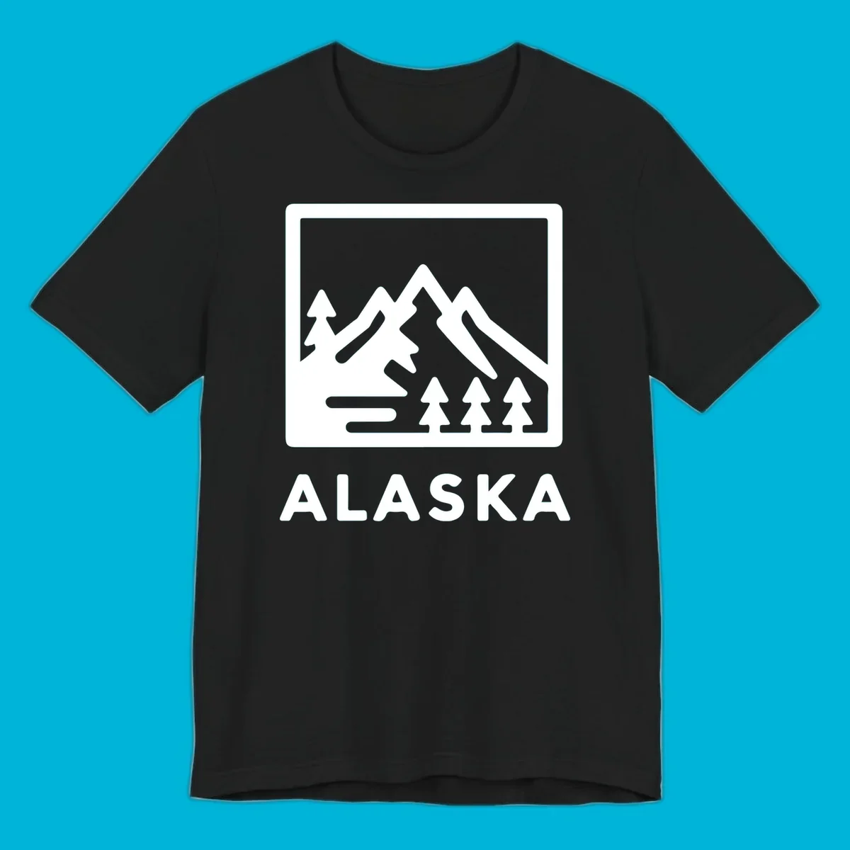Vintage-style alaska-mountain-forest-scene with three peaks, pine trees, and the word ALASKA within a rectangular frame.