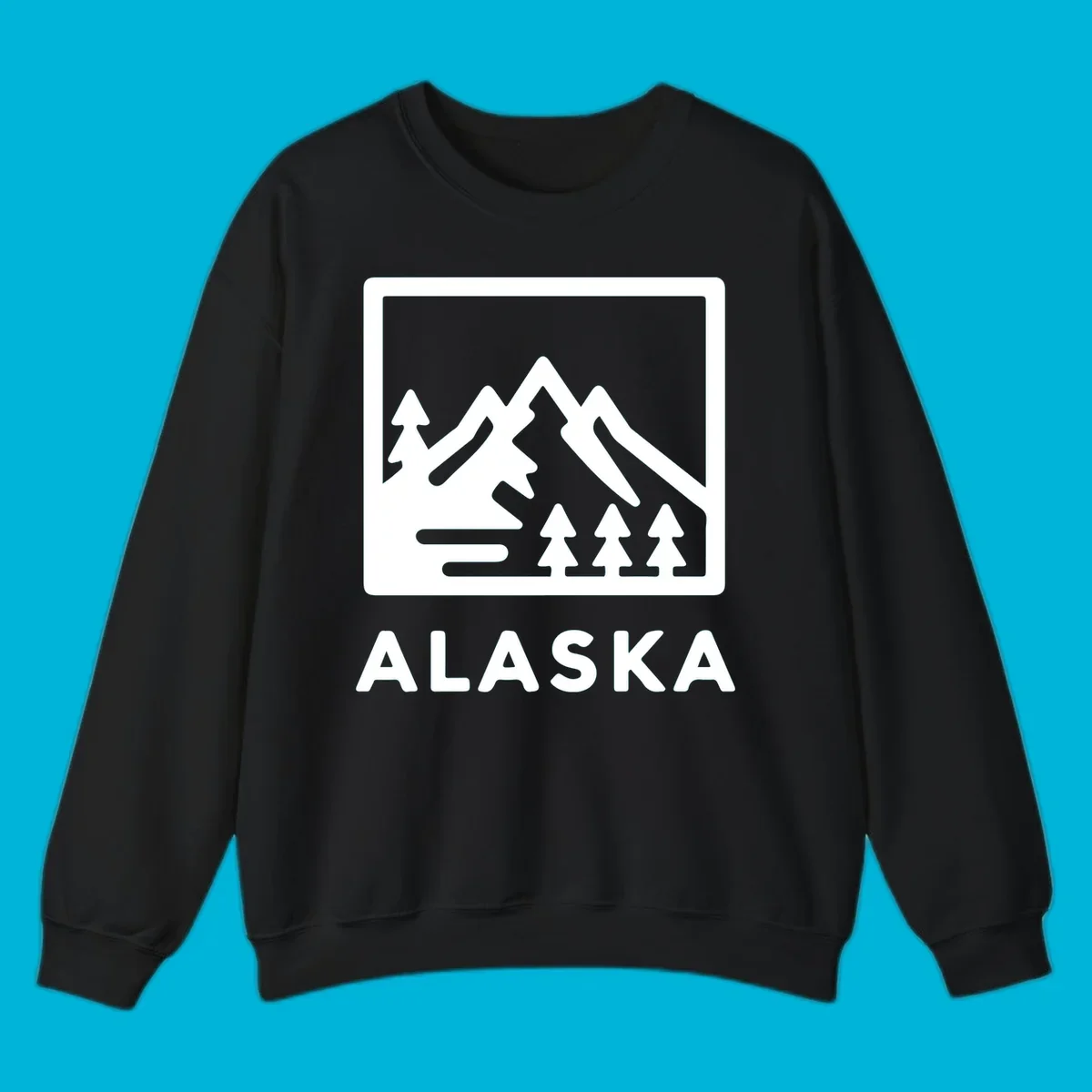 Vintage-style alaska-mountain-forest-scene with three peaks, pine trees, and the word ALASKA within a rectangular frame.