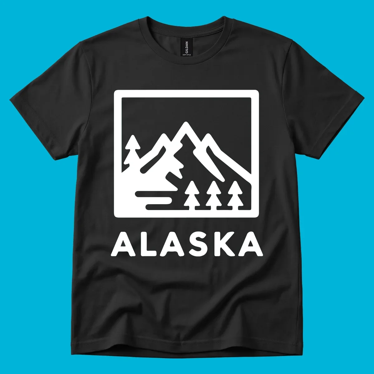 Vintage-style alaska-mountain-forest-scene with three peaks, pine trees, and the word ALASKA within a rectangular frame.