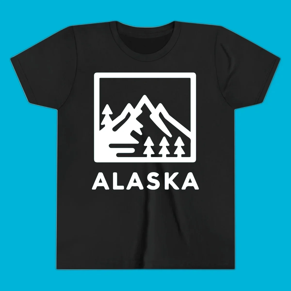 Vintage-style alaska-mountain-forest-scene with three peaks, pine trees, and the word ALASKA within a rectangular frame.