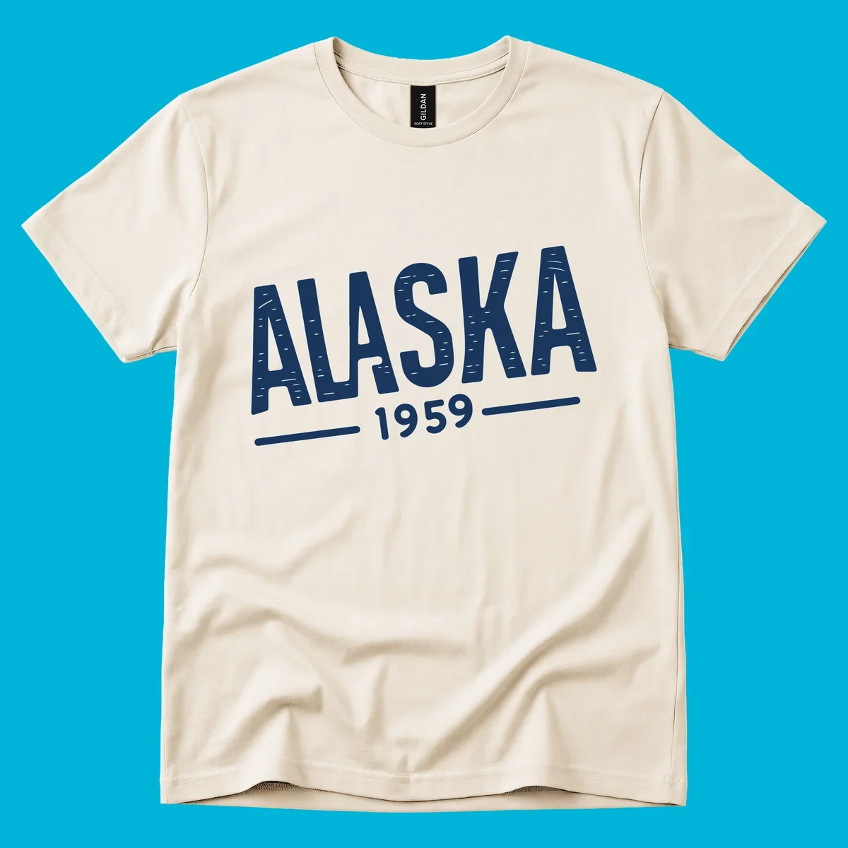 Vintage style 'ALASKA 1959' typography design with distressed texture, commemorating Alaska's statehood.