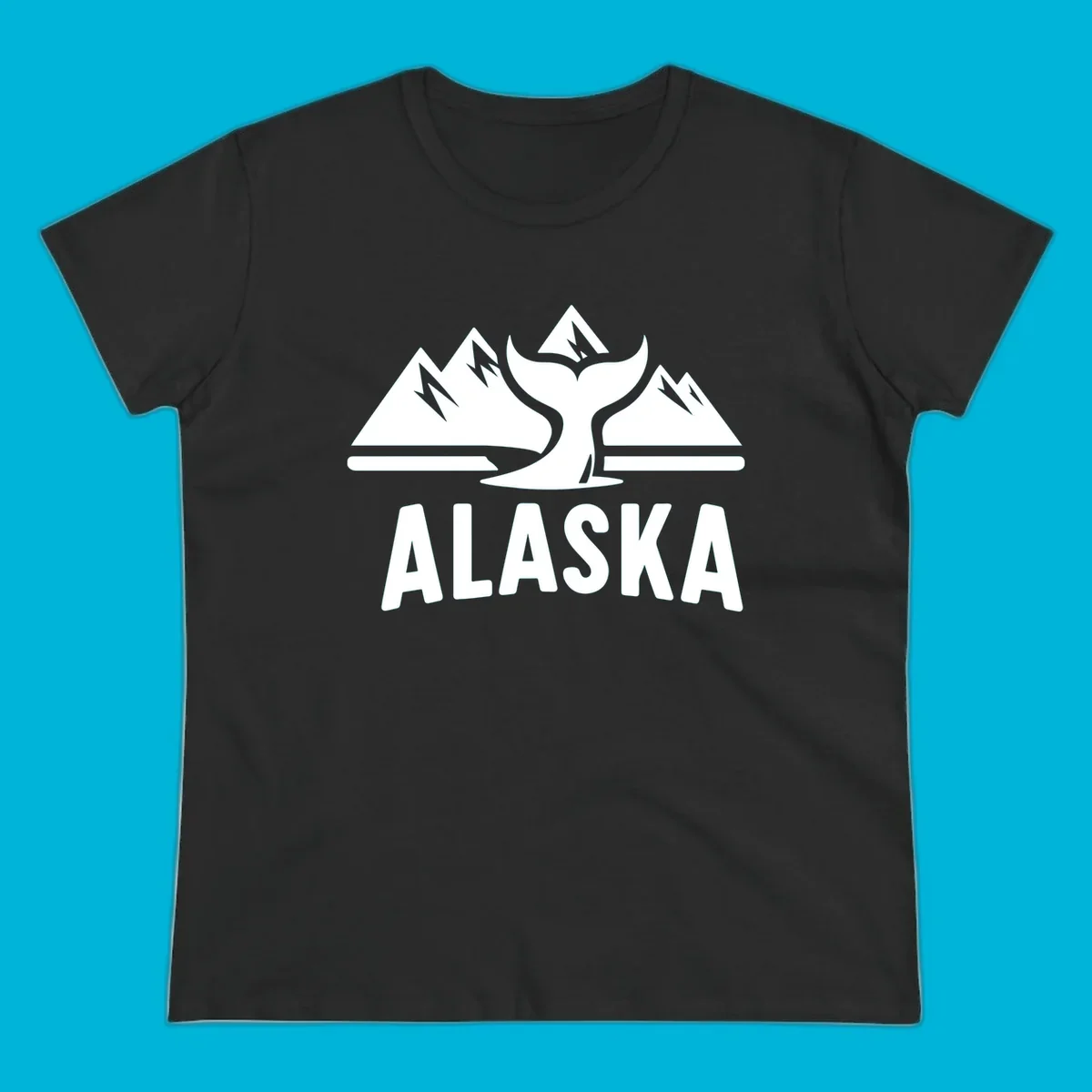 A scenic Alaska mountains whale tail design with three peaks and a whale's fluke above the word ALASKA.