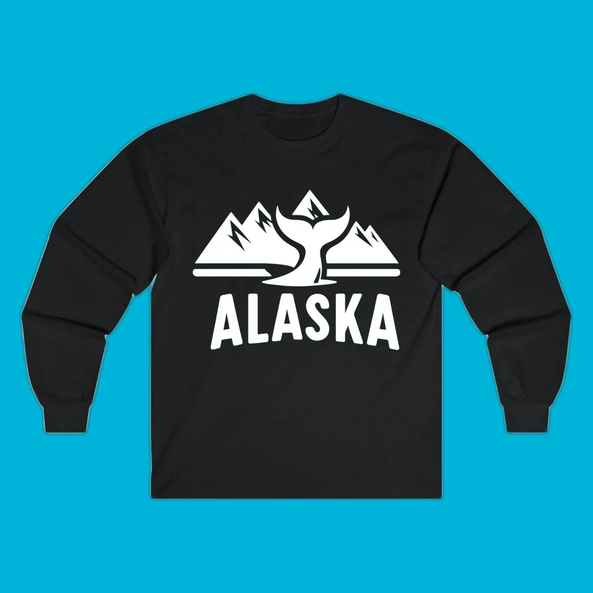 A scenic Alaska mountains whale tail design with three peaks and a whale's fluke above the word ALASKA.
