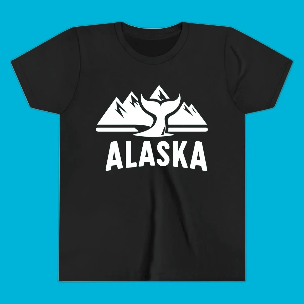 A scenic Alaska mountains whale tail design with three peaks and a whale's fluke above the word ALASKA.