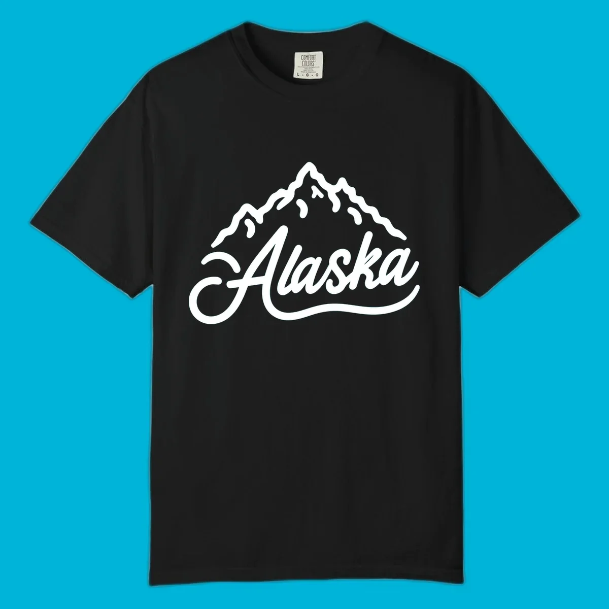 A stylized mountain range above the word 'Alaska' in a script font, forming an alaska mountain wordmark design.