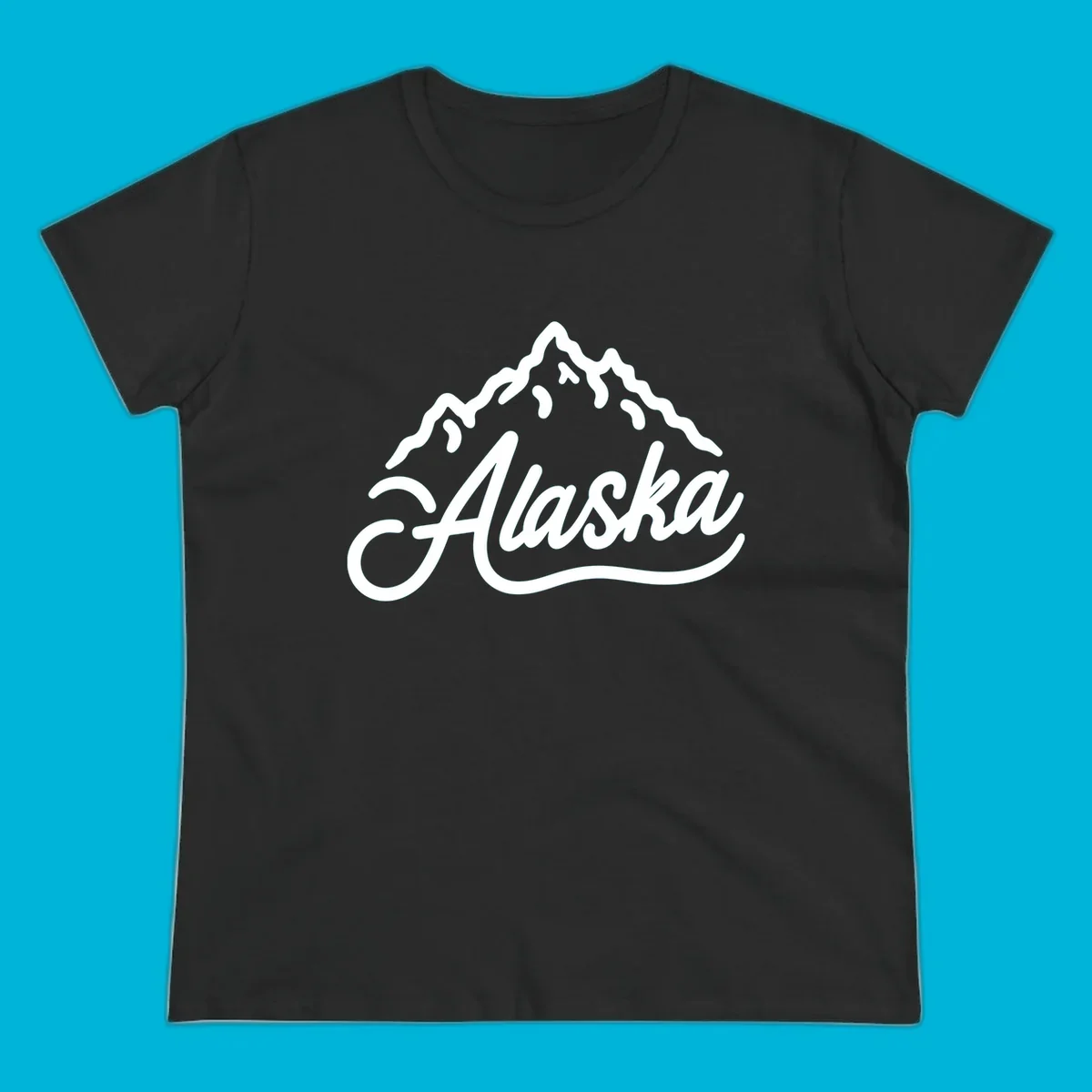 A stylized mountain range above the word 'Alaska' in a script font, forming an alaska mountain wordmark design.