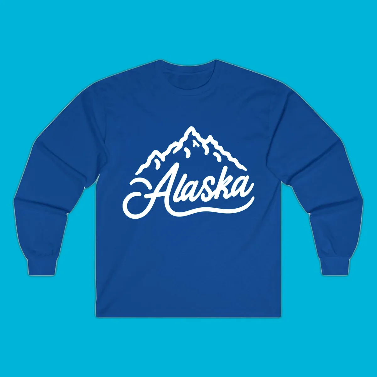 A stylized mountain range above the word 'Alaska' in a script font, forming an alaska mountain wordmark design.