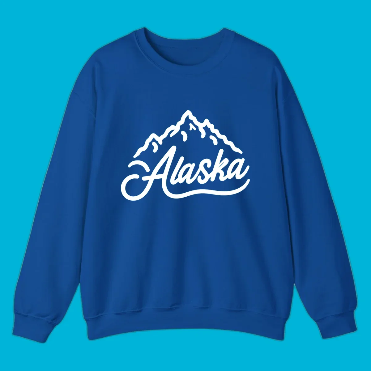 A stylized mountain range above the word 'Alaska' in a script font, forming an alaska mountain wordmark design.