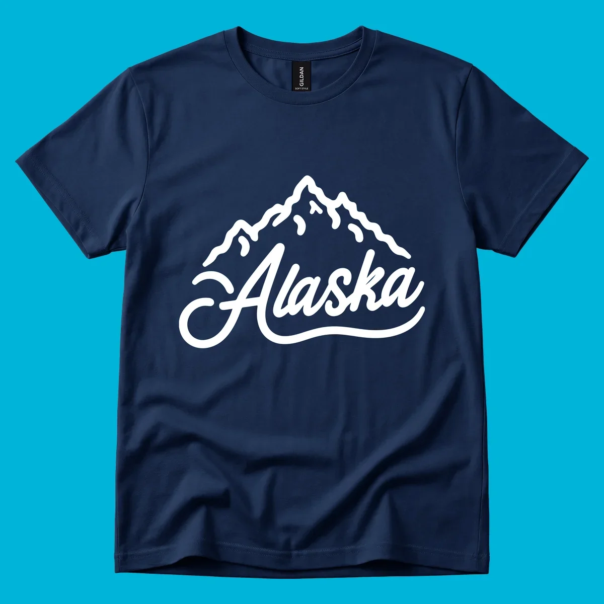 A stylized mountain range above the word 'Alaska' in a script font, forming an alaska mountain wordmark design.