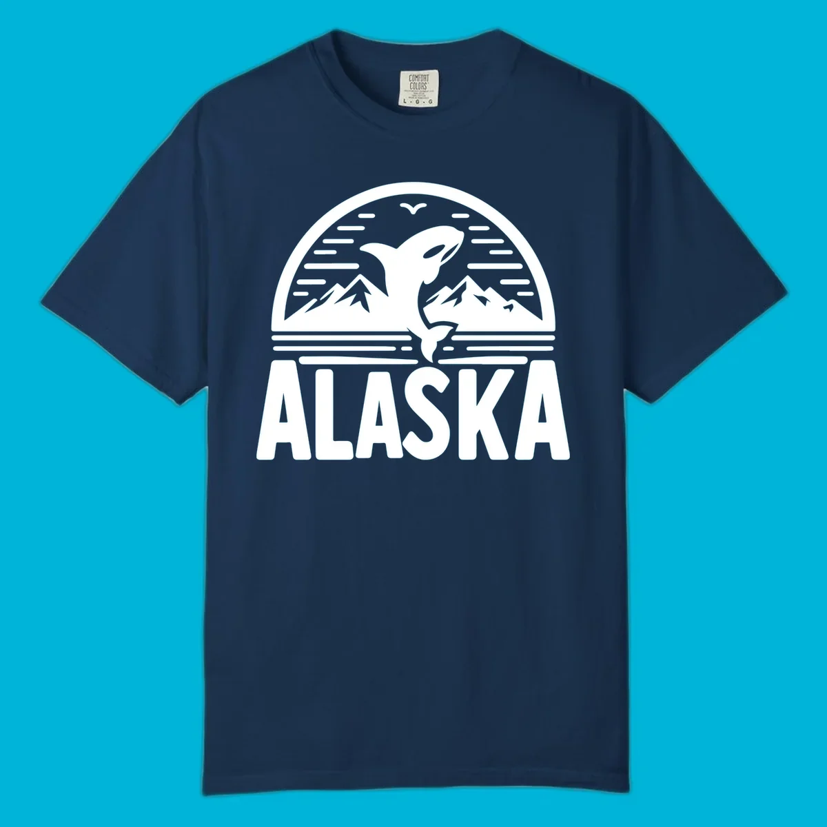 Scenic graphic of an orca leaping from water with mountains and a bird in the background, above the text "ALASKA".