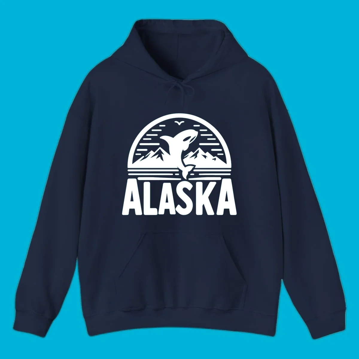 Scenic graphic of an orca leaping from water with mountains and a bird in the background, above the text "ALASKA".