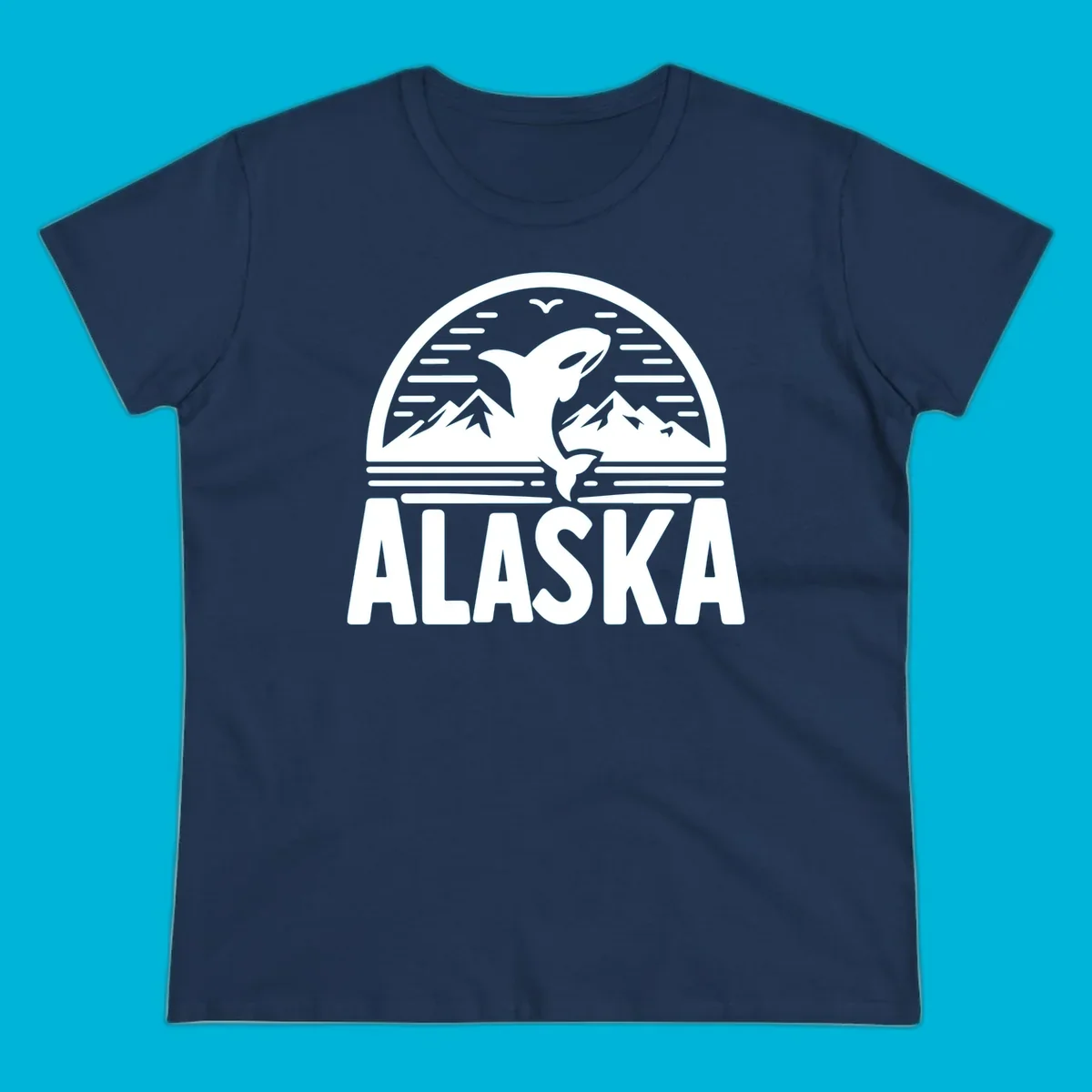 Scenic graphic of an orca leaping from water with mountains and a bird in the background, above the text "ALASKA".