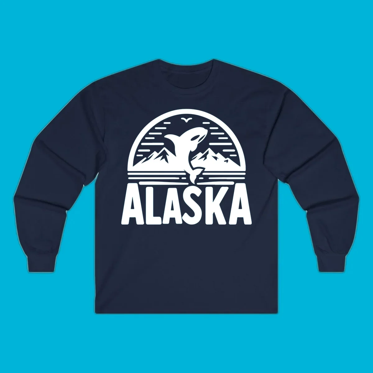 Scenic graphic of an orca leaping from water with mountains and a bird in the background, above the text "ALASKA".