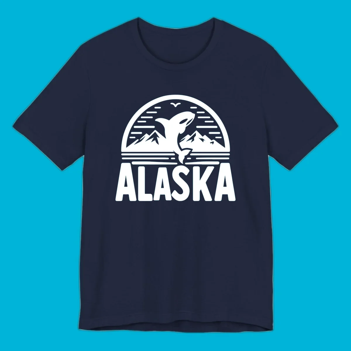 Scenic graphic of an orca leaping from water with mountains and a bird in the background, above the text "ALASKA".