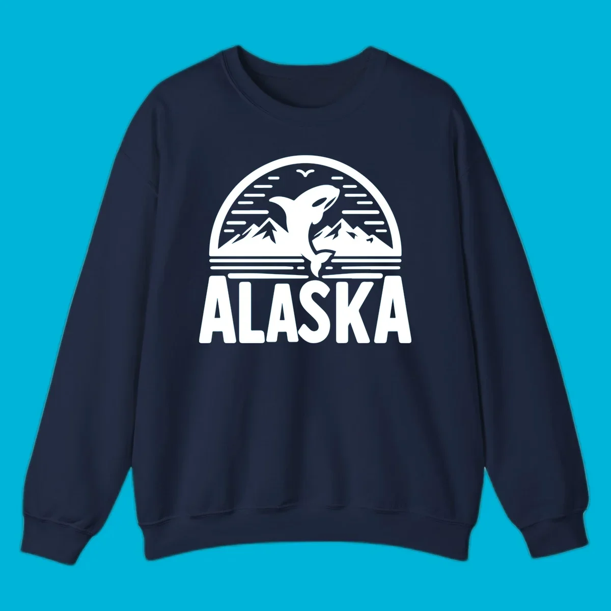 Scenic graphic of an orca leaping from water with mountains and a bird in the background, above the text "ALASKA".