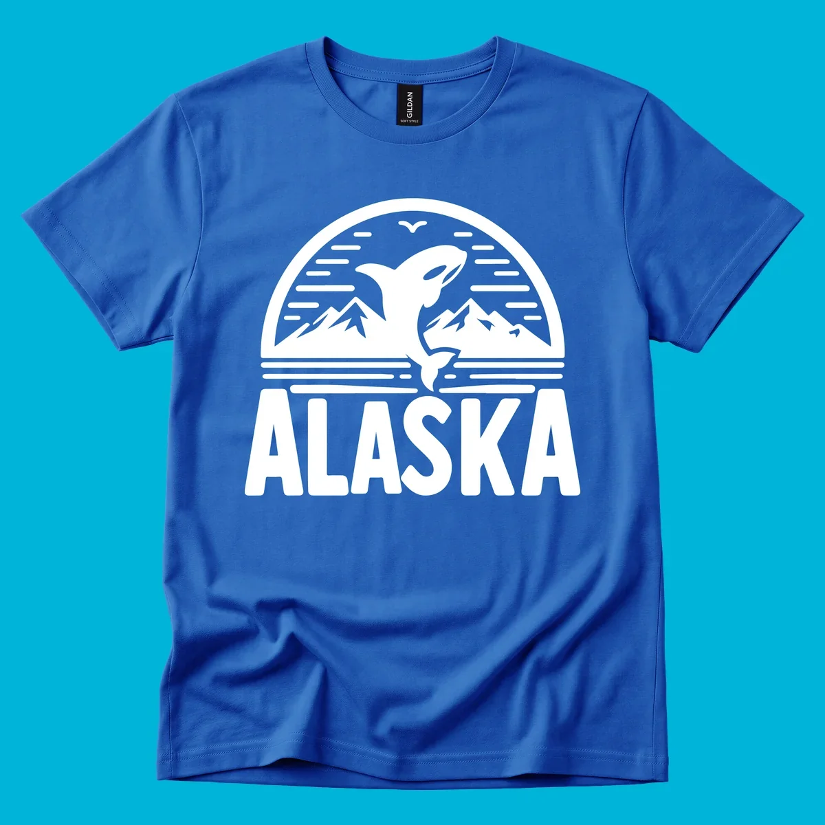 Scenic graphic of an orca leaping from water with mountains and a bird in the background, above the text "ALASKA".