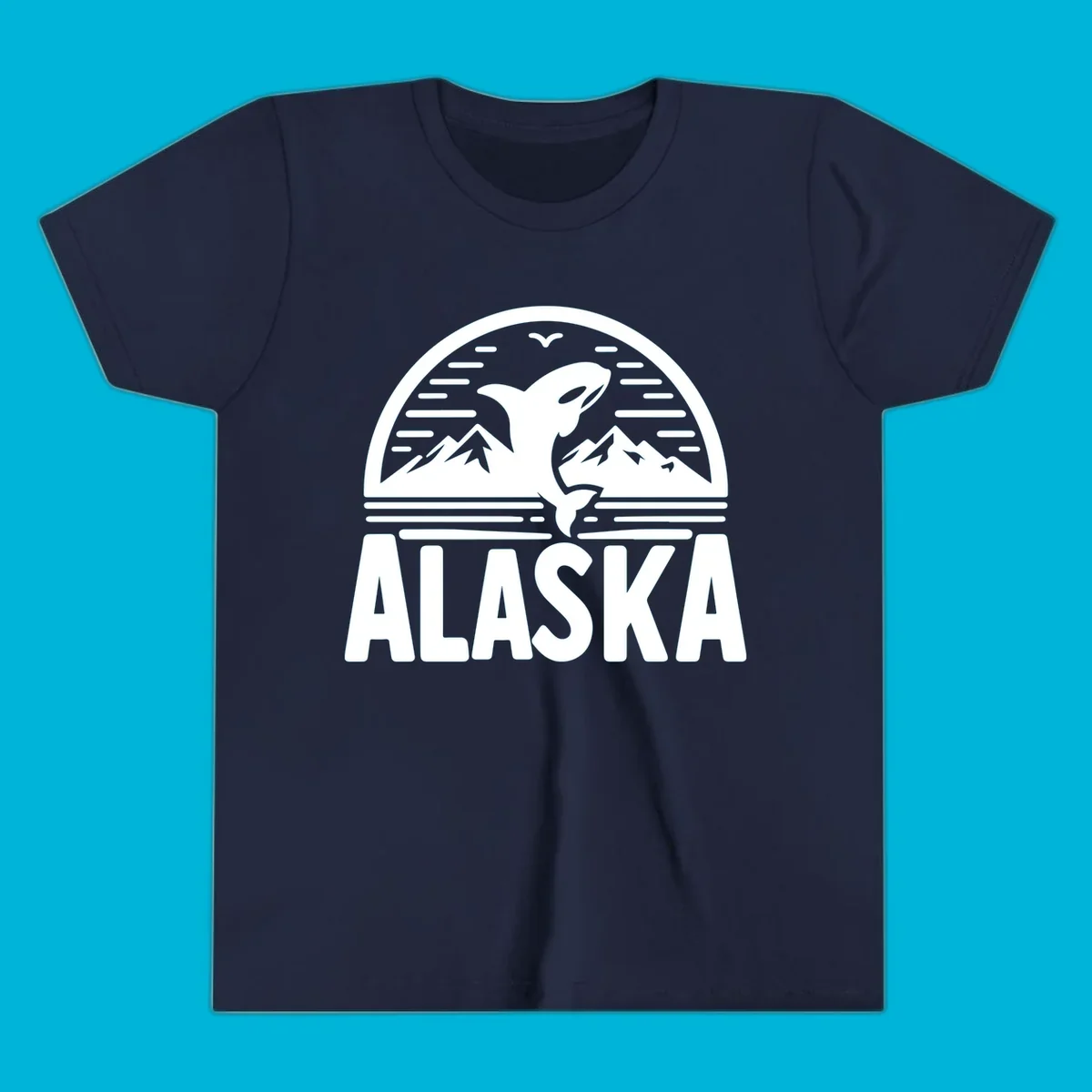 Scenic graphic of an orca leaping from water with mountains and a bird in the background, above the text "ALASKA".