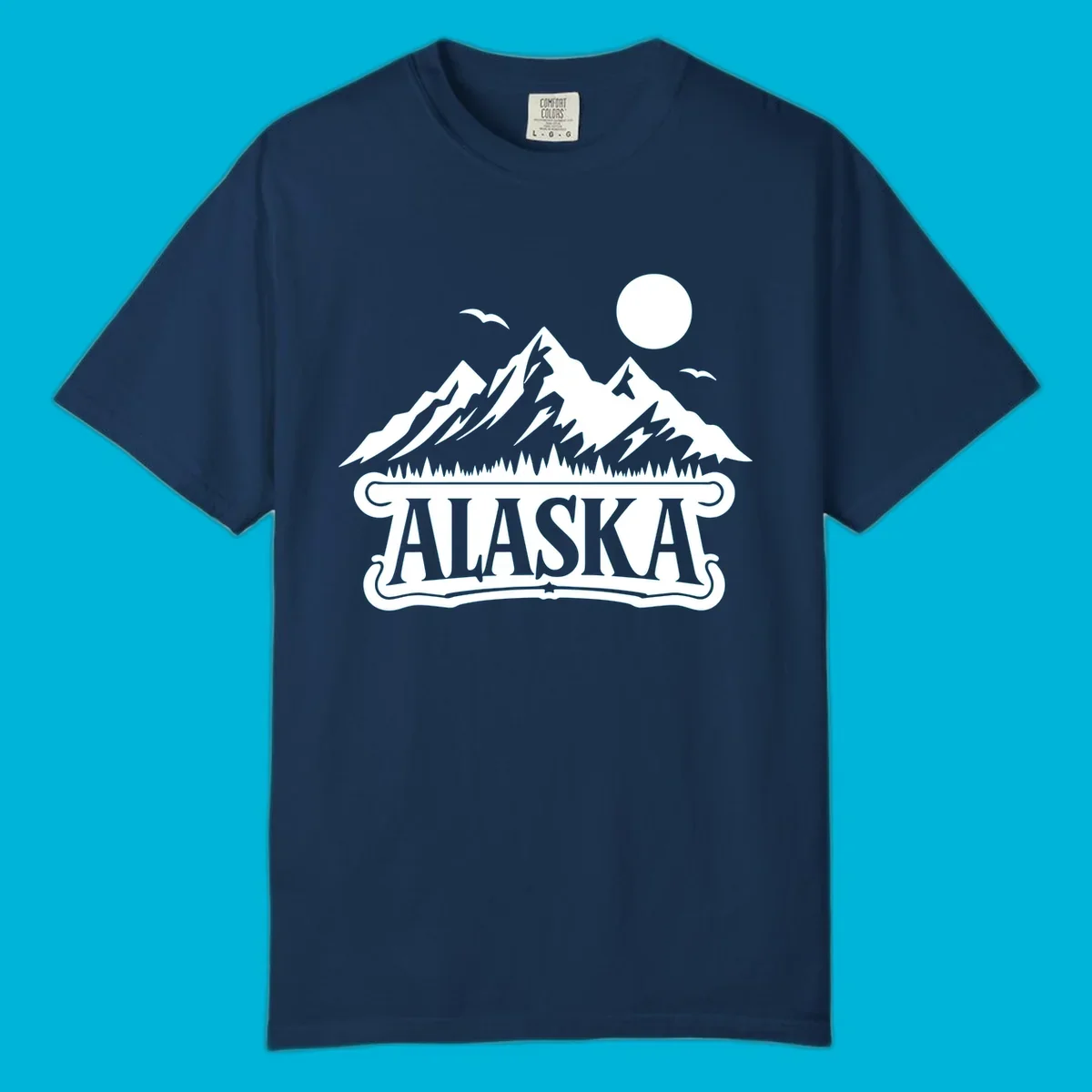 Monochrome illustration of Alaska mountains, forest, sun, and birds above a decorative 'ALASKA' banner, representing alaska-mountain-forest-scenic.
