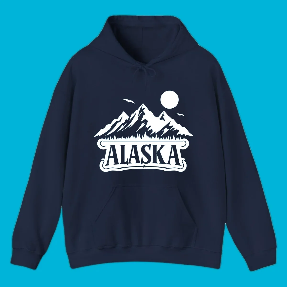 Monochrome illustration of Alaska mountains, forest, sun, and birds above a decorative 'ALASKA' banner, representing alaska-mountain-forest-scenic.