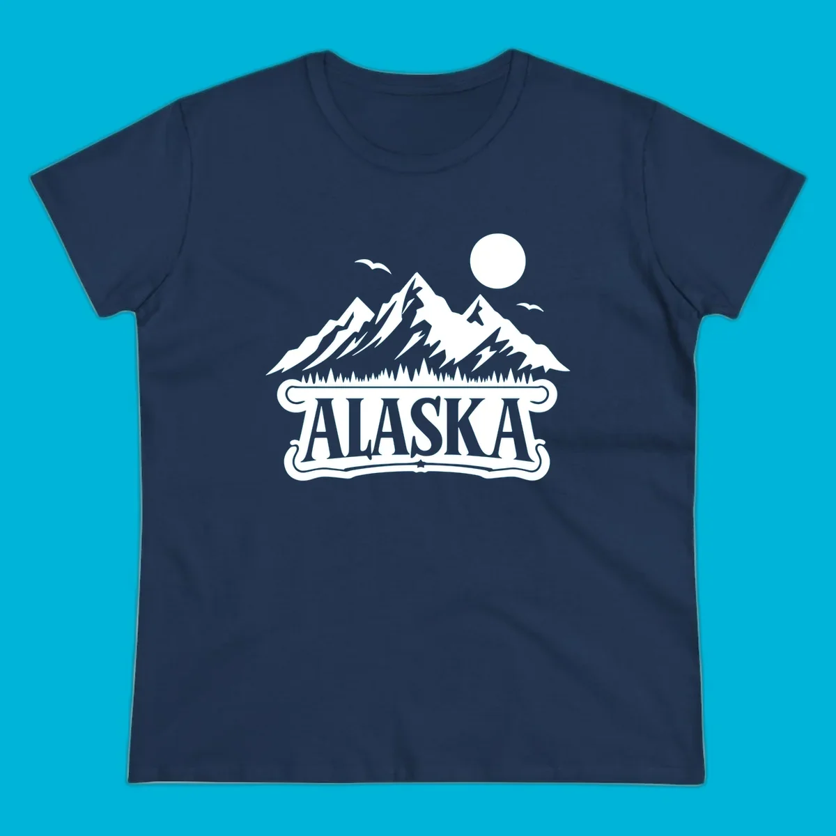 Monochrome illustration of Alaska mountains, forest, sun, and birds above a decorative 'ALASKA' banner, representing alaska-mountain-forest-scenic.