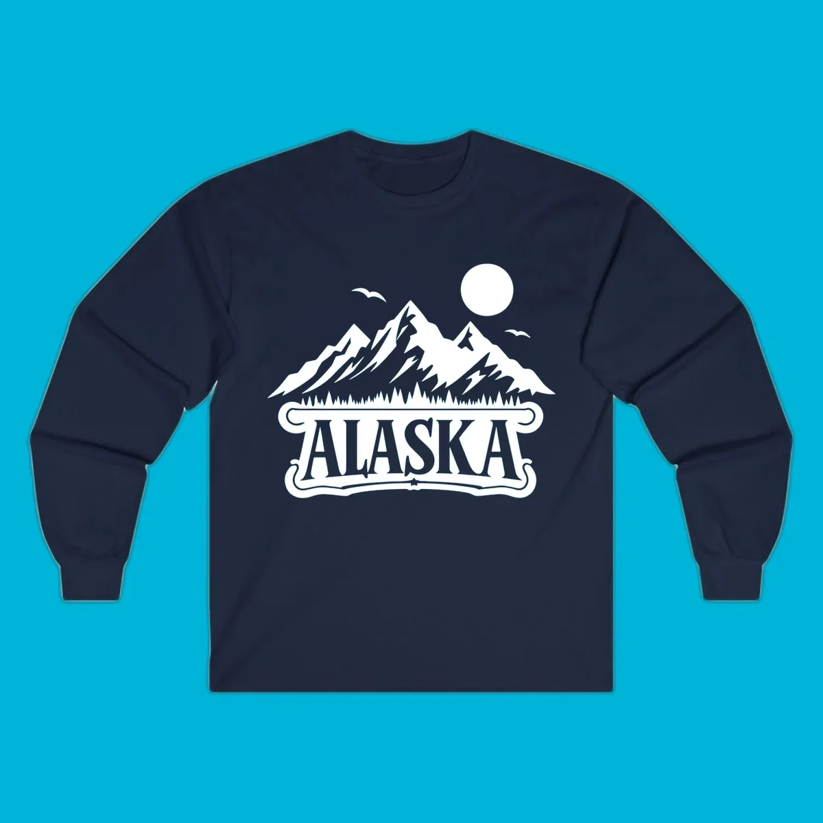 Monochrome illustration of Alaska mountains, forest, sun, and birds above a decorative 'ALASKA' banner, representing alaska-mountain-forest-scenic.