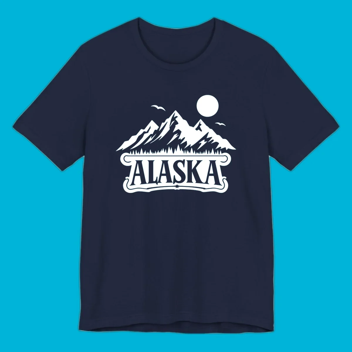 Monochrome illustration of Alaska mountains, forest, sun, and birds above a decorative 'ALASKA' banner, representing alaska-mountain-forest-scenic.