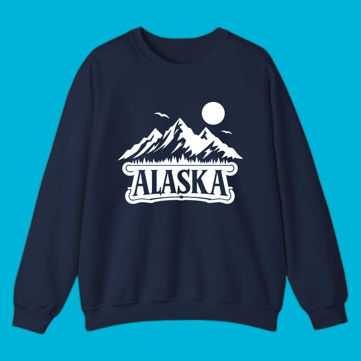 Monochrome illustration of Alaska mountains, forest, sun, and birds above a decorative 'ALASKA' banner, representing alaska-mountain-forest-scenic.