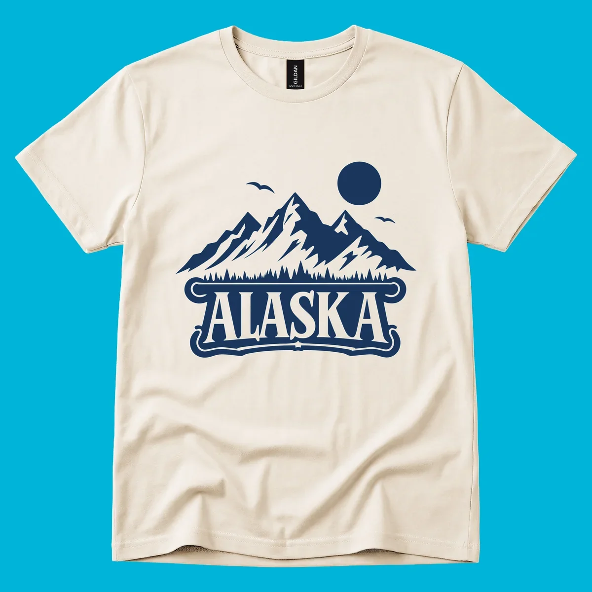 Monochrome illustration of Alaska mountains, forest, sun, and birds above a decorative 'ALASKA' banner, representing alaska-mountain-forest-scenic.