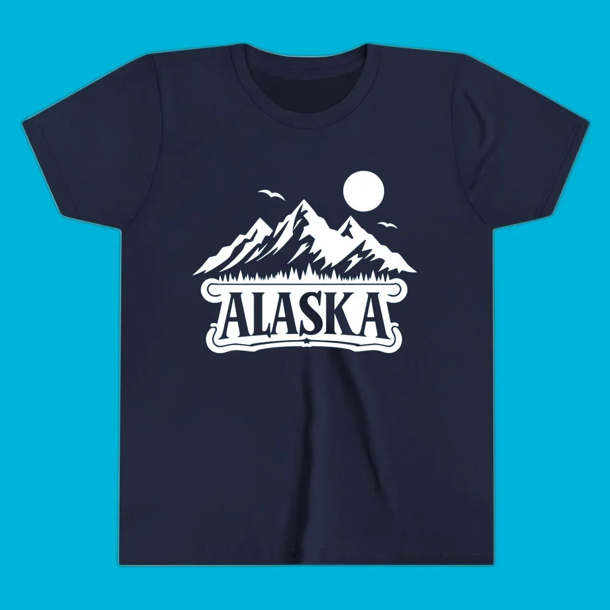 Monochrome illustration of Alaska mountains, forest, sun, and birds above a decorative 'ALASKA' banner, representing alaska-mountain-forest-scenic.