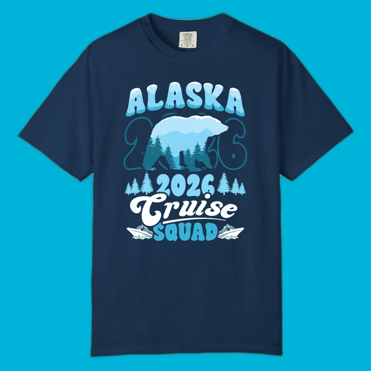 Alaska 2026 Cruise Squad design with a polar bear, pine trees, and cruise ships. The primary keyword root is alaska-2026-cruise-squad.