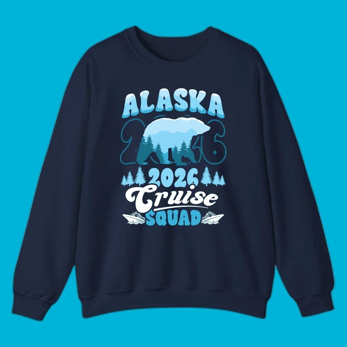 Alaska 2026 Cruise Squad design with a polar bear, pine trees, and cruise ships. The primary keyword root is alaska-2026-cruise-squad.