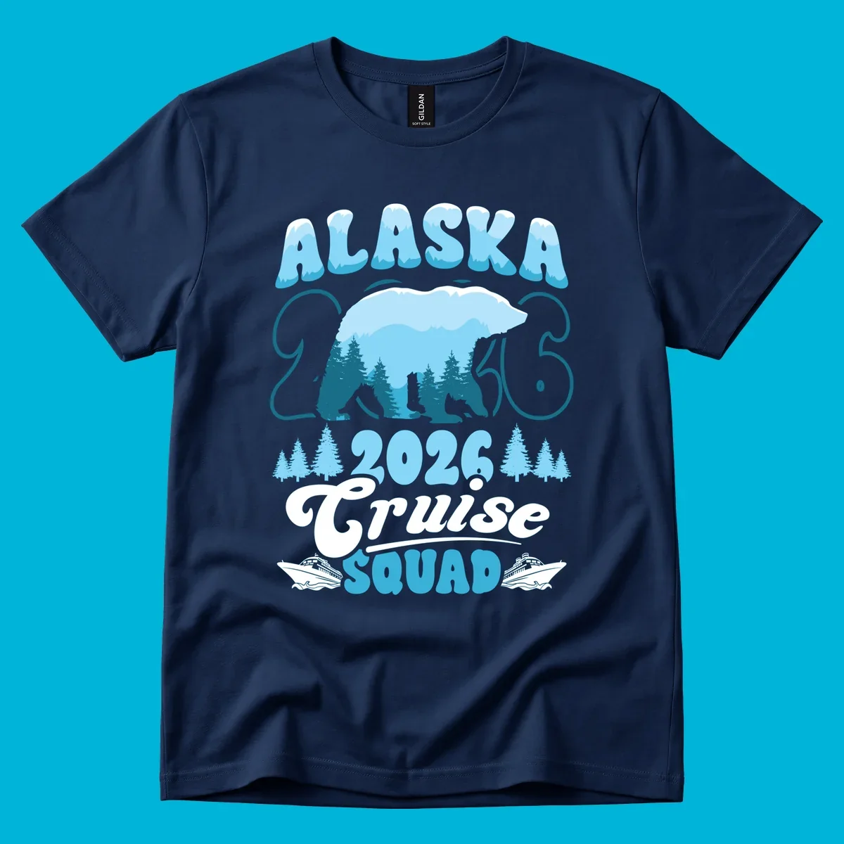 Alaska 2026 Cruise Squad design with a polar bear, pine trees, and cruise ships. The primary keyword root is alaska-2026-cruise-squad.