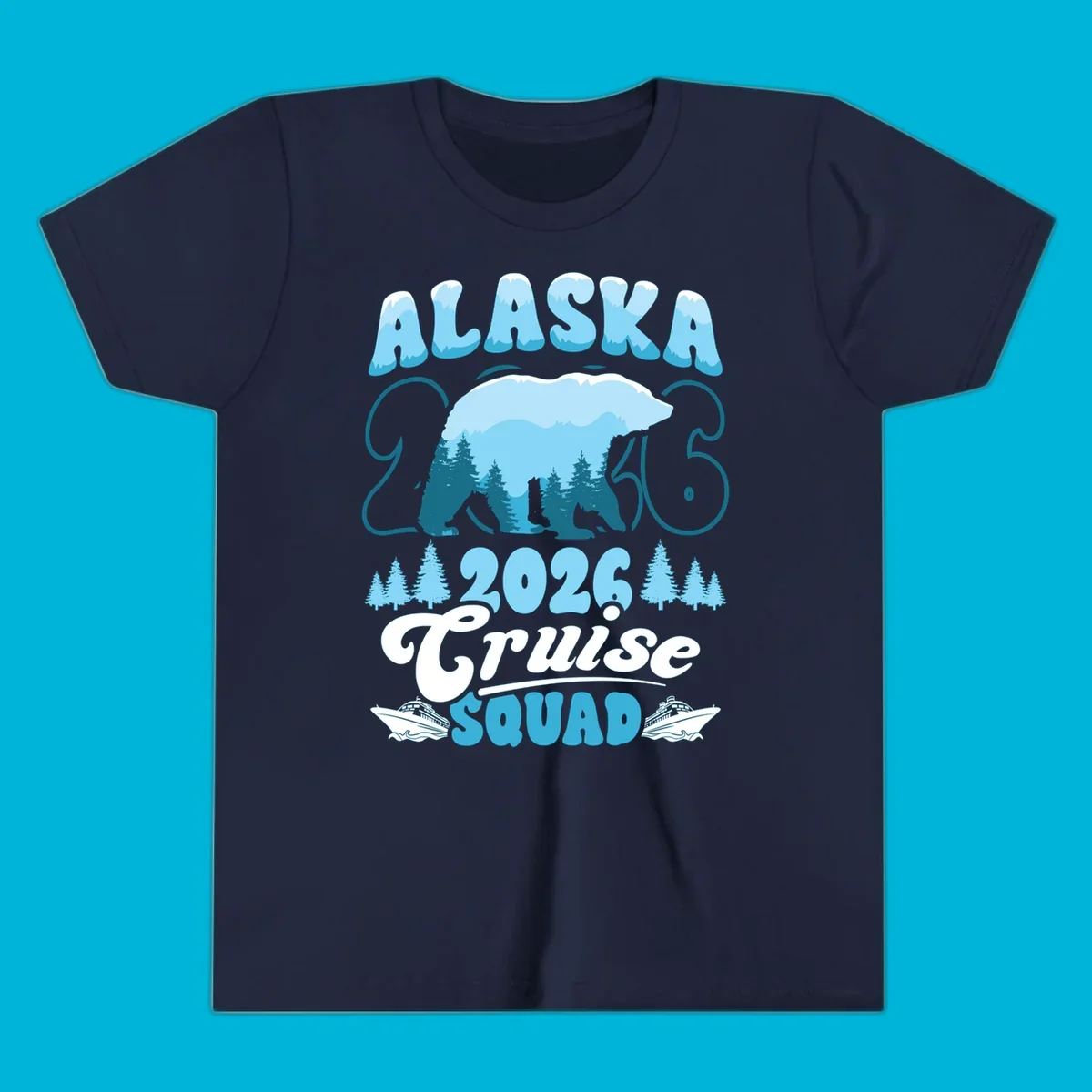 Alaska 2026 Cruise Squad design with a polar bear, pine trees, and cruise ships. The primary keyword root is alaska-2026-cruise-squad.