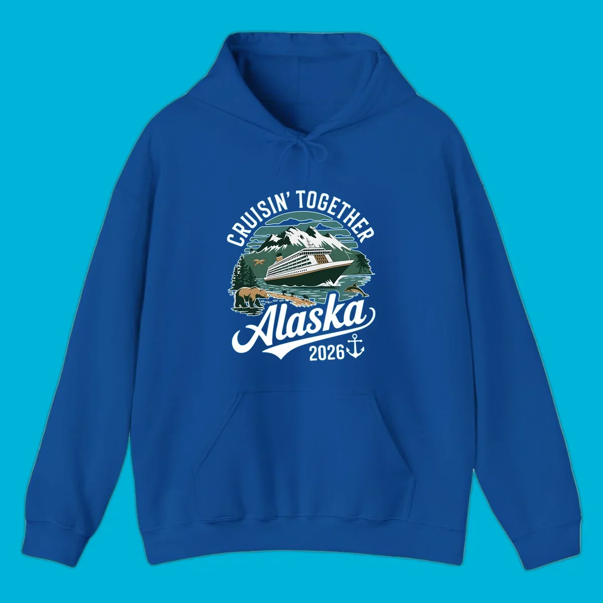 An illustration with a cruise ship, snow mountains, trees, bear, deer, birds, and dolphins, with 'CRUISIN' TOGETHER Alaska 2026' text. A cruisin-together-alaska-2026 design.