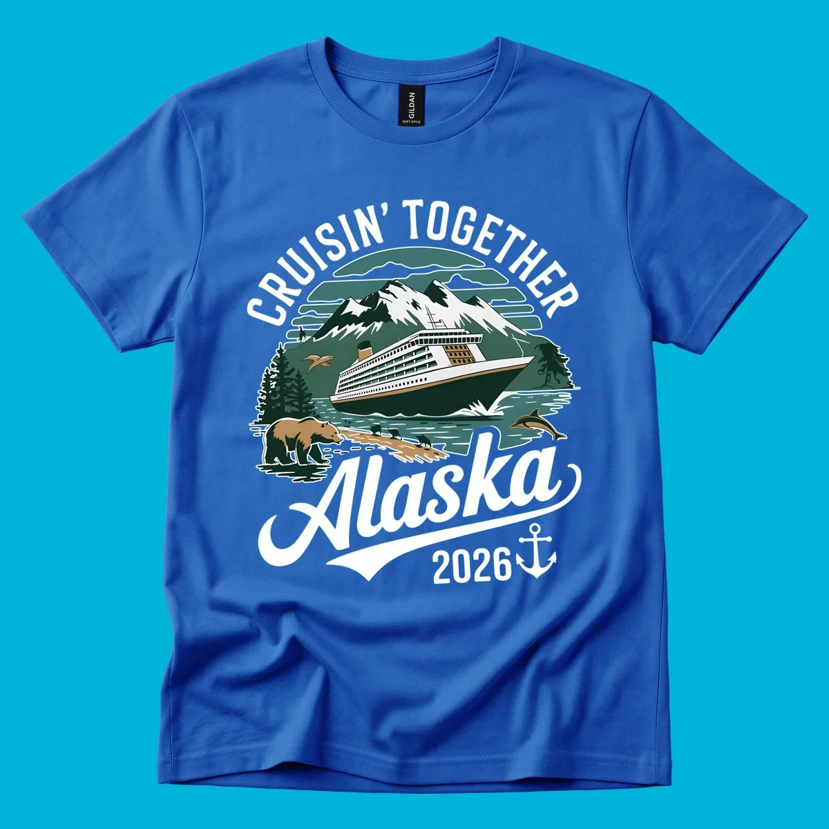 An illustration with a cruise ship, snow mountains, trees, bear, deer, birds, and dolphins, with 'CRUISIN' TOGETHER Alaska 2026' text. A cruisin-together-alaska-2026 design.
