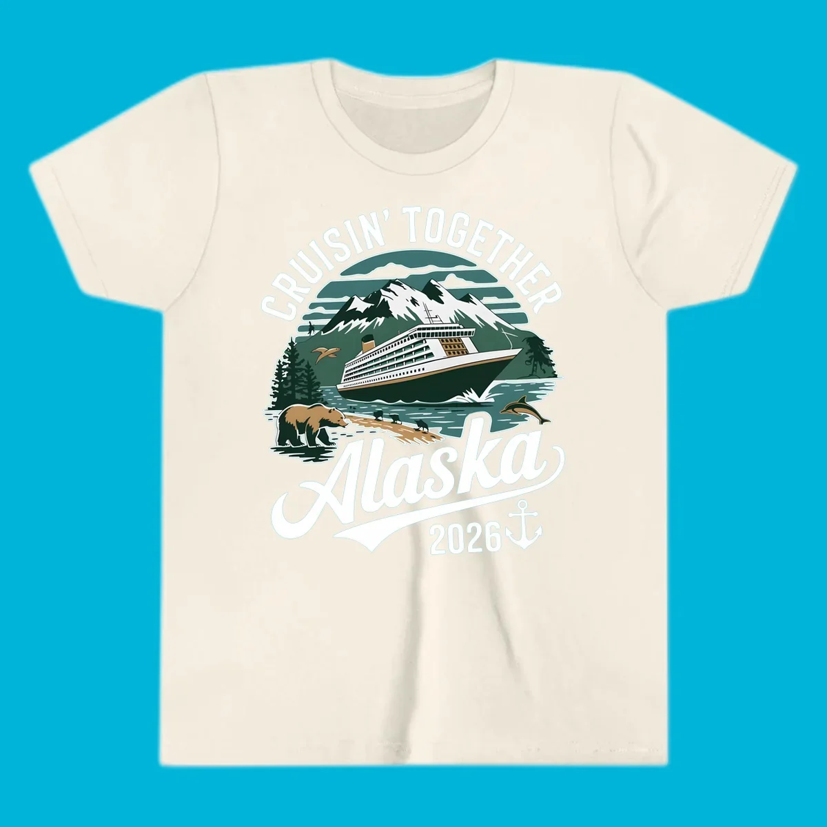 An illustration with a cruise ship, snow mountains, trees, bear, deer, birds, and dolphins, with 'CRUISIN' TOGETHER Alaska 2026' text. A cruisin-together-alaska-2026 design.