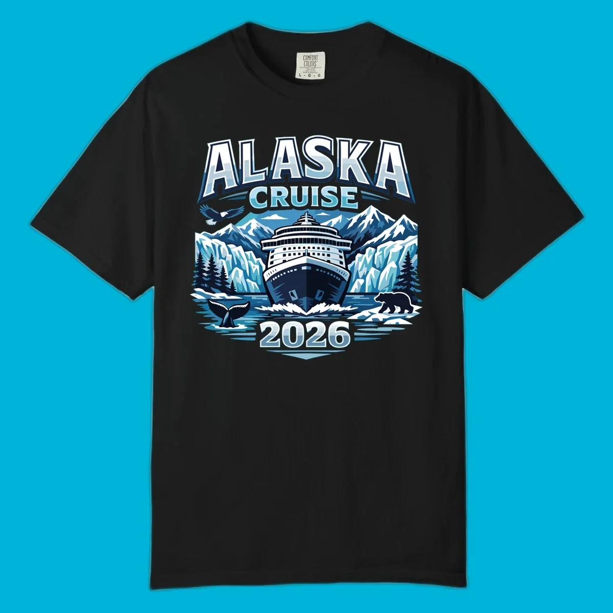 Illustrated Alaskan wildlife cruise 2026 scene with ship, glaciers, whale, bear, and eagle.