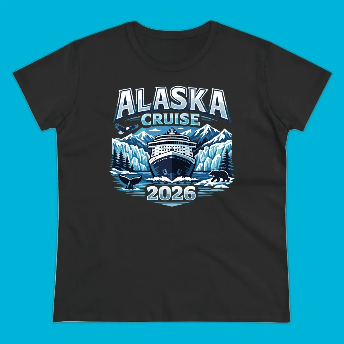 Illustrated Alaskan wildlife cruise 2026 scene with ship, glaciers, whale, bear, and eagle.