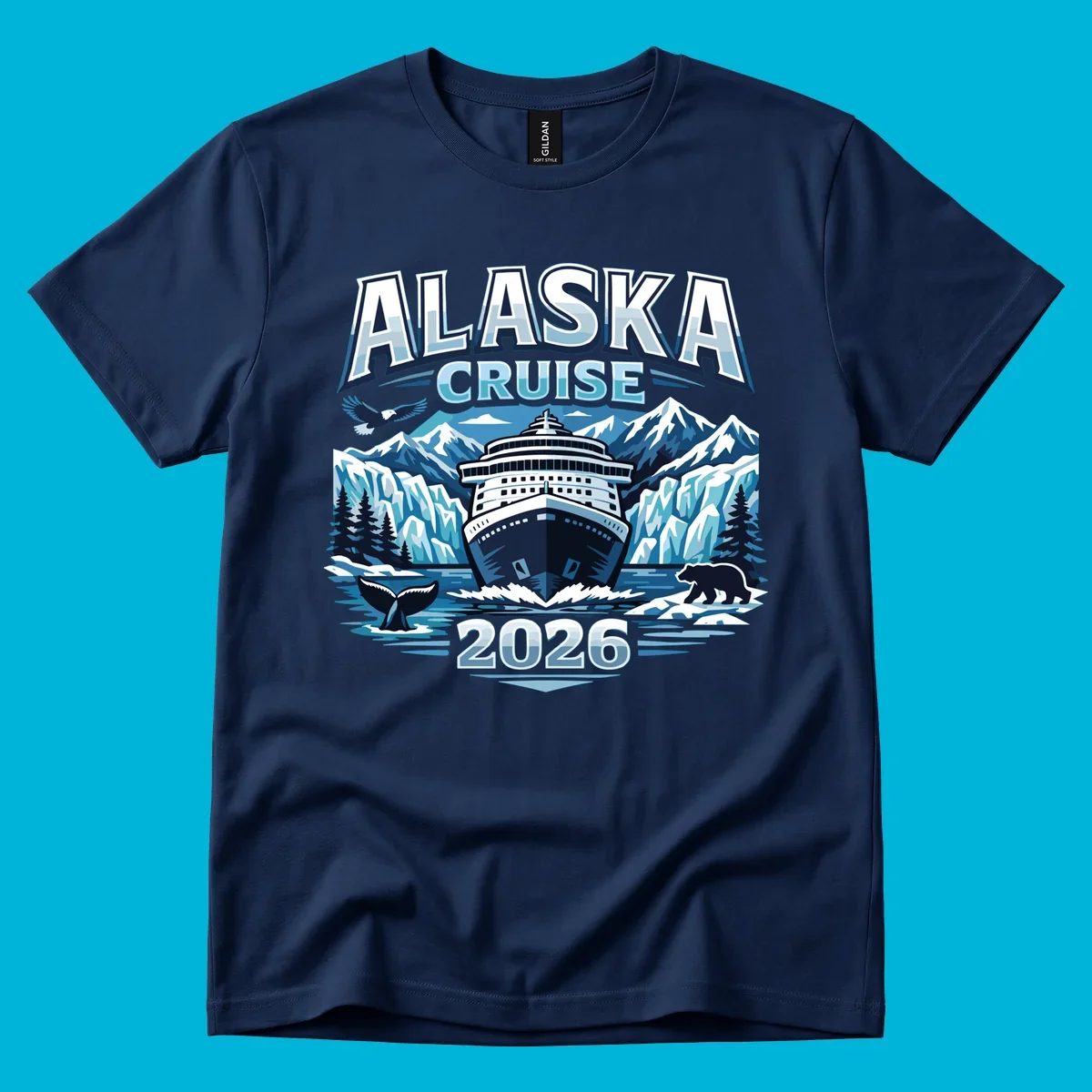 Illustrated Alaskan wildlife cruise 2026 scene with ship, glaciers, whale, bear, and eagle.