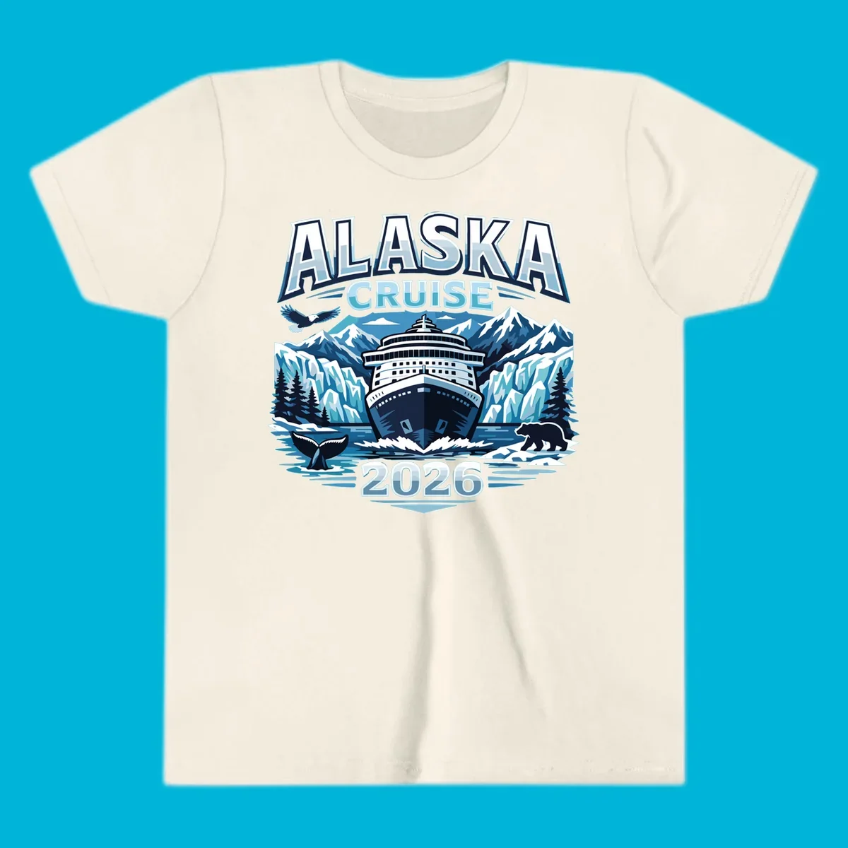 Illustrated Alaskan wildlife cruise 2026 scene with ship, glaciers, whale, bear, and eagle.