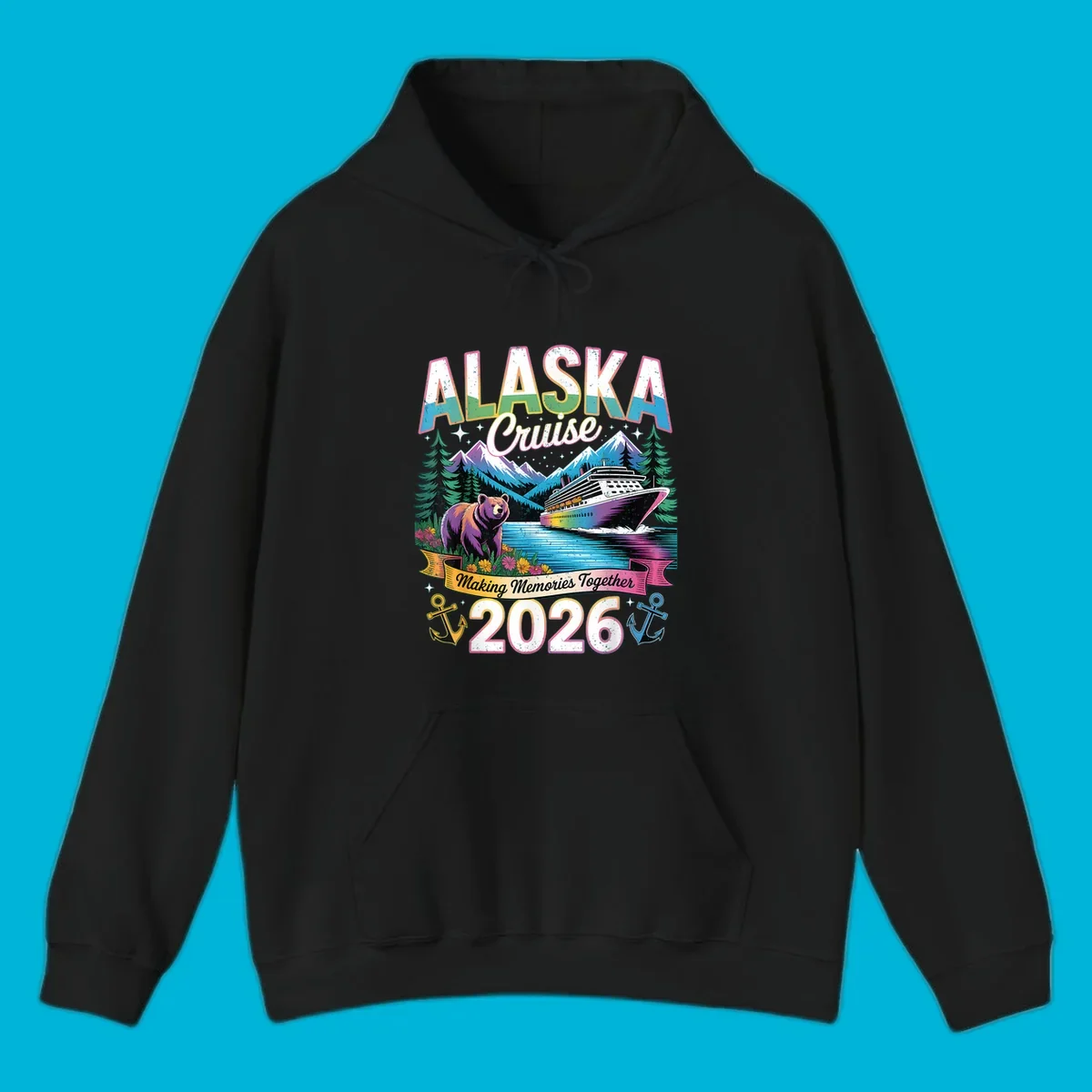 An illustrated design for an Alaska cruise in 2026, featuring a cruise ship, mountains, pine trees, a bear, and anchors, with the text "ALASKA Cruise Making Memories Together 2026".